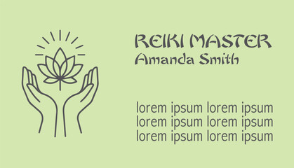  Serene green business card design for a Reiki master featuring a minimalist lotus and hands illustration, practitioner&rsquo;s name, and placeholder contact information.