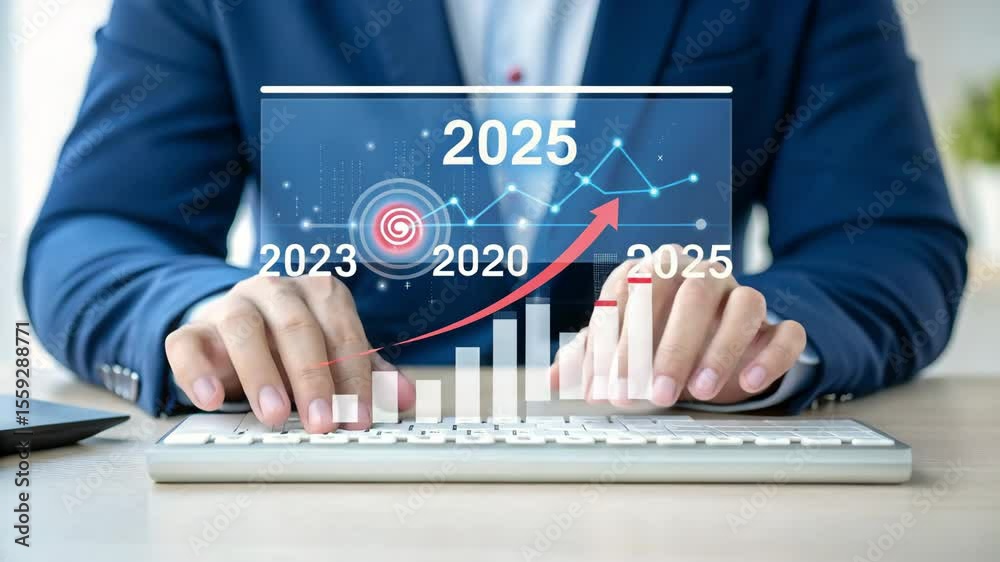 Leinwandbilder man typing on keyboard with financial chart overlay showing growth and future projections