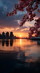 Obraz premium Urban Sunrise Over a River With Cherry Blossoms in Bloom Near Modern Skyscrapers