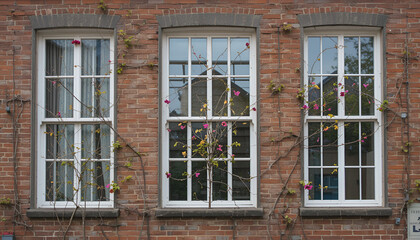 Fototapeta premium Three white framed windows adorn a brick building, flowering vines adding charm and character to the architectural detail of the facade.
