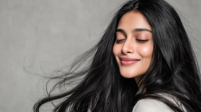 Beautiful young Indian woman with long black hair smiles, enjoying the wind against a gray background. Ideal for beauty or spa service advertisements, with space for text. - Powered by Adobe