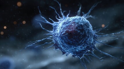 Highly detailed 3D blue cancer cell with cinematic lighting and dark shadows on a black background, showcasing realistic texture and volumetric effects.