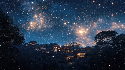 Night sky above a hillside town with glowing buildings.