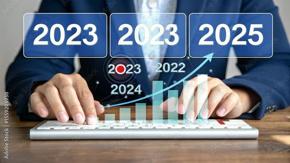 Leinwandbilder man typing on keyboard with growth chart overlay showing years and upward trending arrow graphic