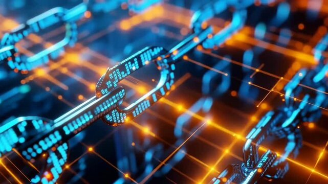 Futuristic Blockchain Visualization Featuring Glowing Data Chains and Encrypted Digital Network Nodes