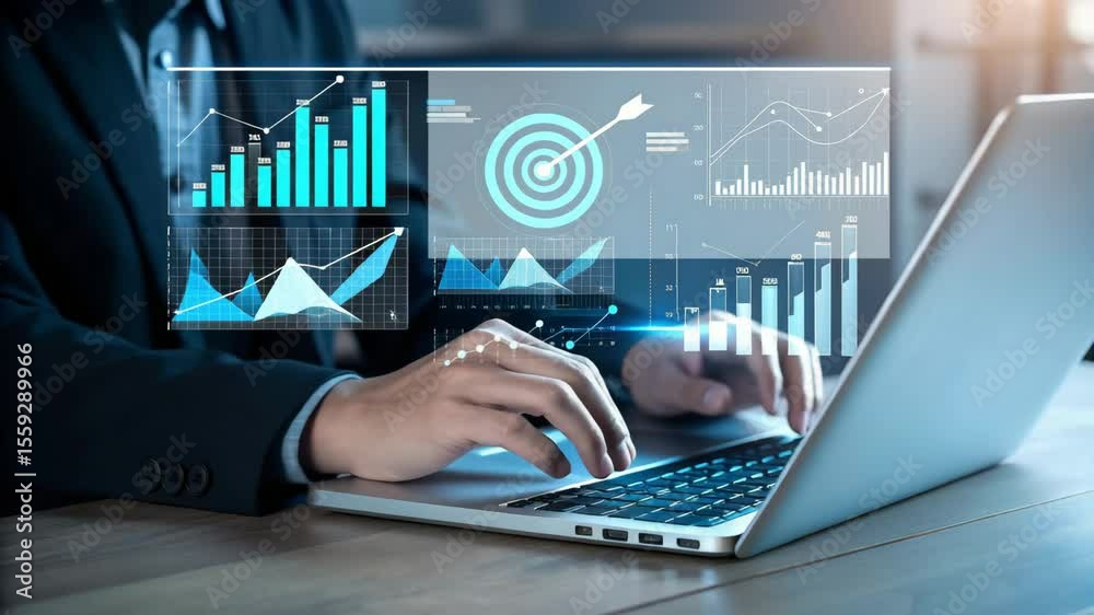 Leinwandbilder Man typing on laptop with data charts and target graphic overlayed on the screen interface view