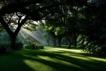 Obraz premium Sunlight Filtering Through Trees in a Lush Green Forest During Early Morning Hours