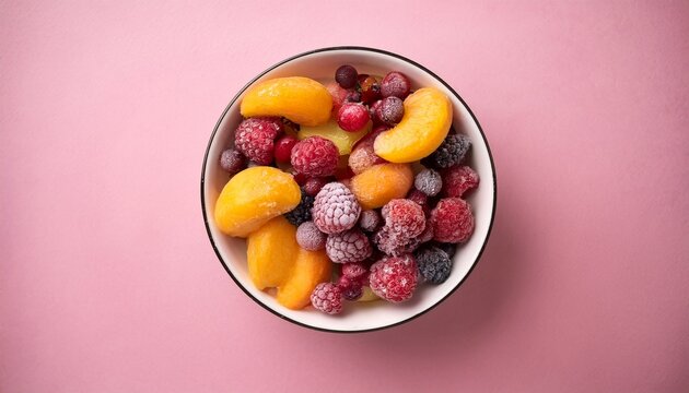 top view of a bowl of frozen berries on pink background mix of raspberry grapes peaches and citrus healthy treats summer recipes concept
