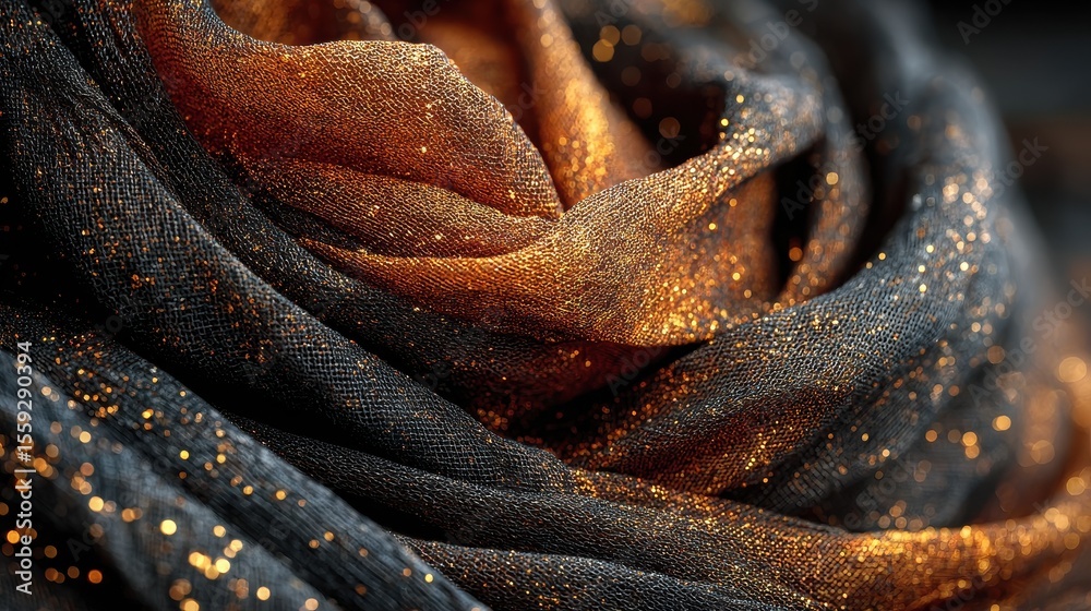 Poster Luxurious flowing black and bronze fabric illuminated with dazzling gold sparkles creates a captivating and shimmering textile