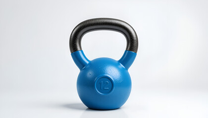 A vibrant blue kettlebell with a textured black handle sits centered against a clean white background, ideal for fitness concepts.