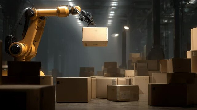 A photorealistic robotic arm efficiently packs boxes in a dimly lit warehouse, creating a mood of industriousness and modernity. The scene evokes themes of automation and progress.