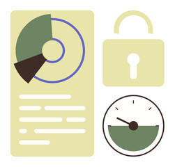 Circular chart, secure lock, and gauge meter emphasize analytics, protection, and monitoring. Ideal for cybersecurity, data analysis, performance, privacy encryption technology topics simple flat