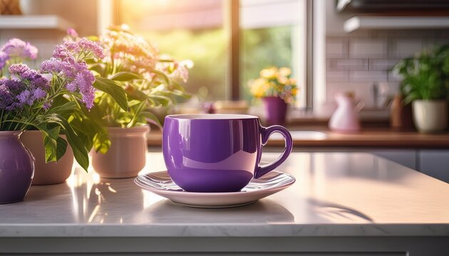 purple coffee cup on a sunlit kitchen counter with plants and flowers in the background