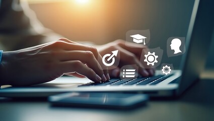 Person typing on a laptop with digital icons representing education growth and technology overlayed