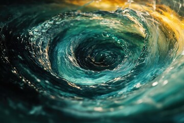 A mesmerizing swirl of turquoise water forms a captivating vortex with golden light highlighting its edges.