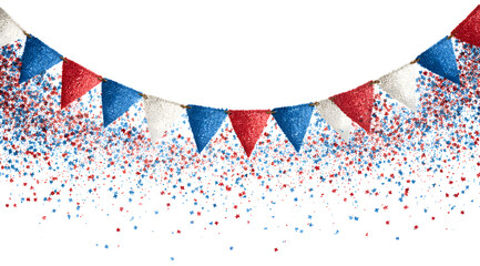 Fototapeta premium Festive French themed party bunting and confetti border on white background perfect for Bastille Day celebrations or nautical events with vibrant red white and blue colors