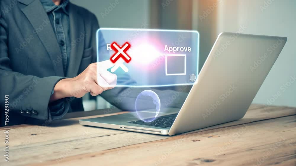 Poster Man in suit rejecting option on laptop with digital interface on wooden table in bright setting