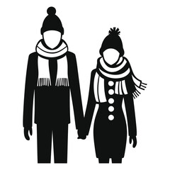 Winter couple holding hands, a simple black and white illustration. A stylized black and white silhouette illustration of a couple holding hands, dressed warmly in winter attire including hats and sca
