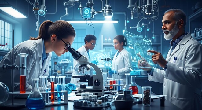 Cutting-Edge Scientific Research Scientists Collaborating in a Modern Laboratory