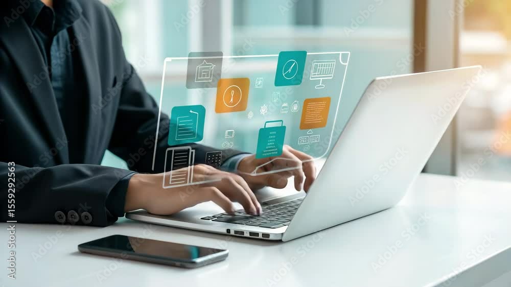 Poster Man in suit typing on laptop with floating digital interface icons on a white table near phone
