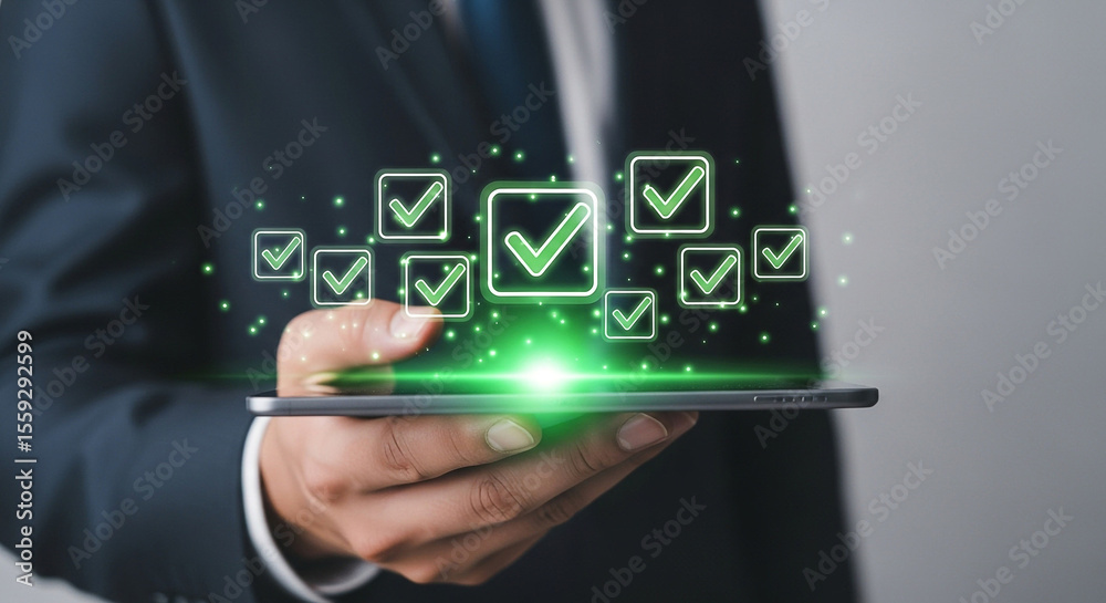 Poster task management app for business productivity and efficiency with checklist and checkmark on tablet 