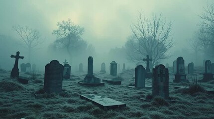 Foggy graveyard scene with tombstones and crosses for halloween spooky and haunted backgrounds video - Powered by Adobe