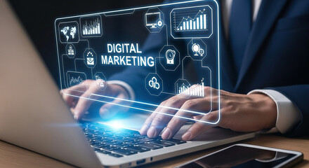 Digital marketing strategy and planning on laptop for business growth and social media management success