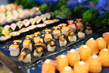Mixed sushi roll and sashimi platter. Soft focus image. High quality photo