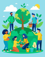 Fototapeta premium A community hosts a treeplanting event to offset carbon emissions and improve air quality.. Vector illustration