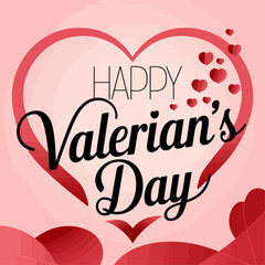 “Happy Valerian’s Day” text in elegant black and red fonts inside a stylized red heart outline, surrounded by scattered hearts and abstract floral shapes on a soft pink background celebrating love.

