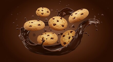 Obraz premium Floating Chocolate Chip Cookies with Splash in Mid-Air