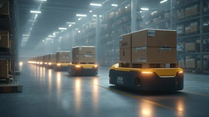 Automated guided vehicles navigate a dimly lit warehouse, creating a futuristic and efficient atmosphere. The scene evokes a sense of innovation and productivity.