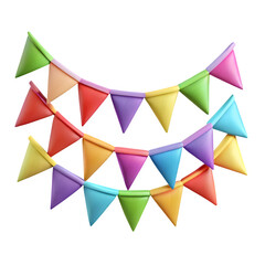 Three rows of colorful triangular bunting flags forming a festive celebratory decoration isolated on transparent background