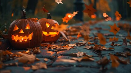 Halloween pumpkins glowing jack o lanterns autumn leaves spooky season october vibes halloween night - Powered by Adobe