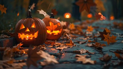 Spooky halloween pumpkins glowing on a fall path for halloween season celebration and decoration - Powered by Adobe