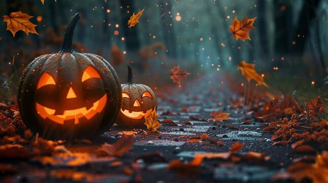 Halloween pumpkins spooky jack o lanterns autumn leaves fall season halloween background wallpaper desktop