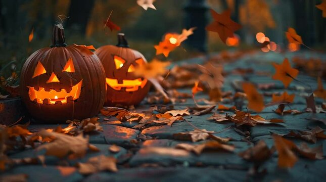 Halloween pumpkins glowing jack o lanterns autumn leaves spooky season october vibes halloween night