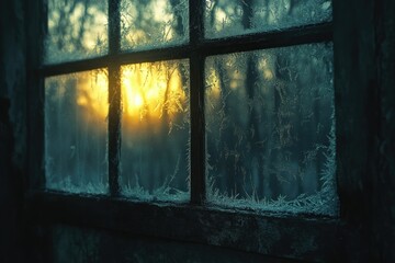 A rustic window covered in delicate frost, with the warm glow of dawn breaking through.