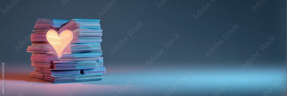 Poster Stacked Books Form Heart Shape With Warm Glow Inside, Symbolizing Love for Reading and Knowledge in a Cozy Atmosphere