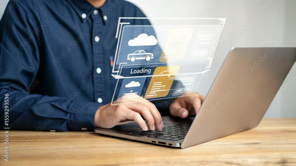 Fototapete man typing on laptop with loading screen overlay on wooden desk in bright modern office space settin