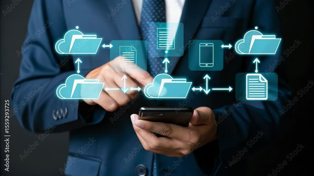 Aufkleber Man in suit using smartphone with cloud storage and file transfer icons overlaid on the screen image