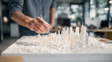 Architectural model of a city plan on a table, with a male architect's hand pointing at the scale model in an office, highlighting urban development and design concepts.