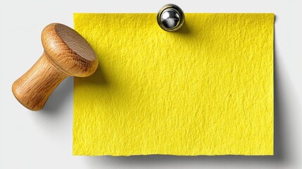 Yellow memo is pinned on a white wall with a metal tack and a wooden push pin