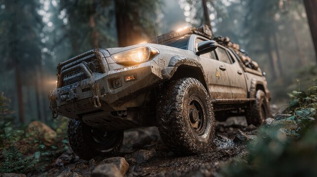 Off road truck navigating a muddy and rocky trail in a dense Washington State forest, showcasing adventure and vehicle capability - Powered by Adobe