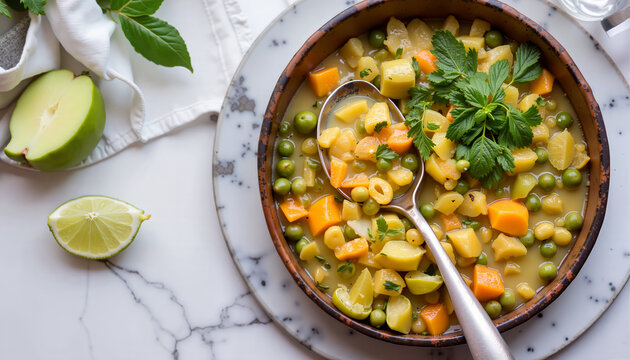Split pea soup with vegetables and herbs in a rustic bowl   - Powered by Adobe