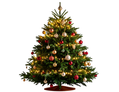 Christmas tree with decorations and lights isolated on transparent background PNG