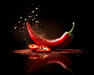 Plexiglas schilderij Hete pepers Vibrant red chili pepper with sliced half showcasing seeds, surrounded by a burst of spices and a reflective surface, emphasizing culinary heat and flavor explosion  © Daryna Diakova