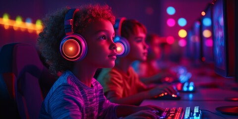 Obraz premium A diverse group of kids sits in a line at a lively gaming center, intently playing video games with headphones, creating a vibrant atmosphere of excitement and engagement