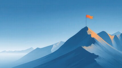 Minimalist illustration of a flag atop a mountain, featuring a blue color palette and simple shapes against a gradient background, conveying themes of achievement and exploration.