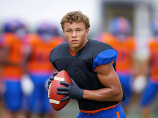 Young male football player in black and blue uniform, holding a football, focused expression, with blurred teammates in orange uniforms in the background, showcasing athletic determination and teamwor